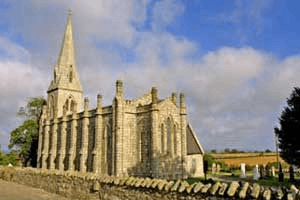 Stone church and spire on St Moling’s Trail in County Carlow