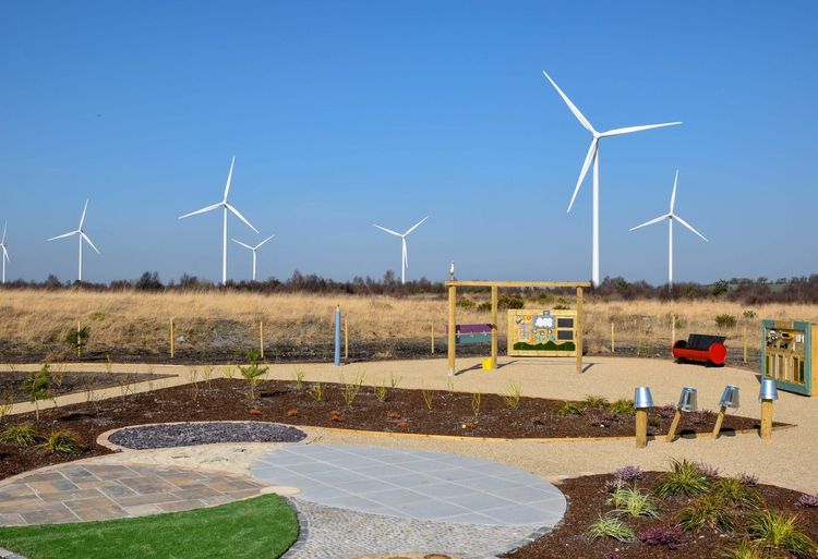 Paved visitor route passing wind turbines at Mountlucas Wind Farm