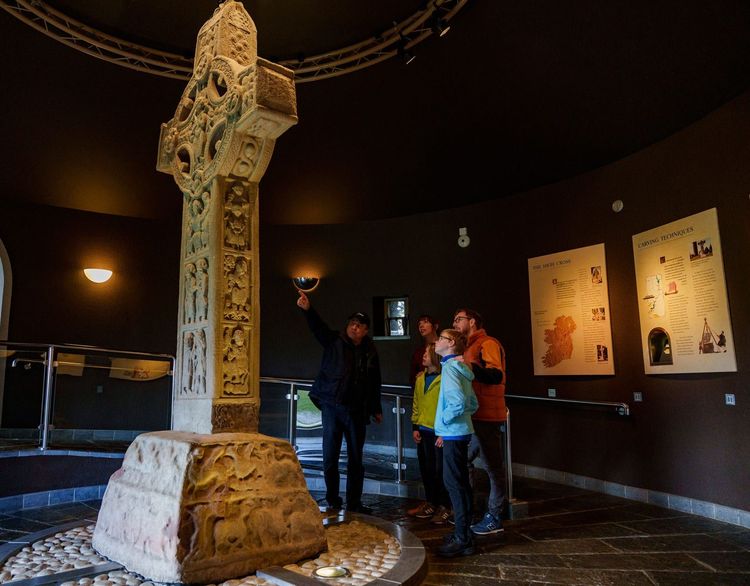 Historic stone ruins and round tower at Clonmacnoise in County Offaly